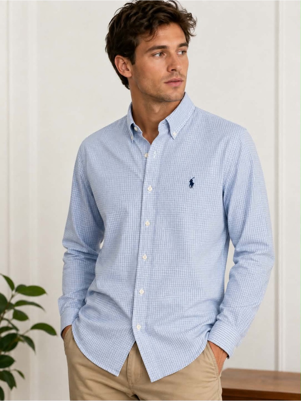 Ralph Lauren Light Blue Button-Down Shirt with Navy Logo
